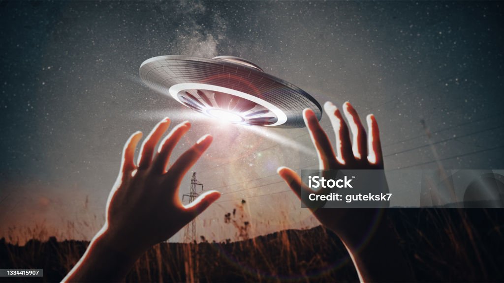 unidentified flying object - UFO flies over the forest - concept 3D illustration Kidnapping by UFO concept - contact with an alien civilization - the guy covers himself with his hands in front of an unidentified flying object 3D illustration UFO Stock Photo