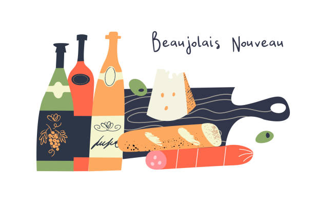 illustrations, cliparts, dessins animés et icônes de beaujolais nouveau. festival des vins neufs en france. vin et nourriture. illustration vectorielle. - beaujolais nouveau