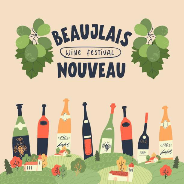 Beaujolais Nouveau. Festival of new wine in France. Vector illustration. Beaujolais Nouveau. Festival of new wine in France. Bunches of grapes, a cozy village and many colorful wine bottles. Vector illustration. burgundy france stock illustrations
