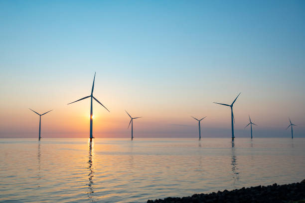 istock Wind turbines in an offshore wind park producing electricity during sunset. 1334416952