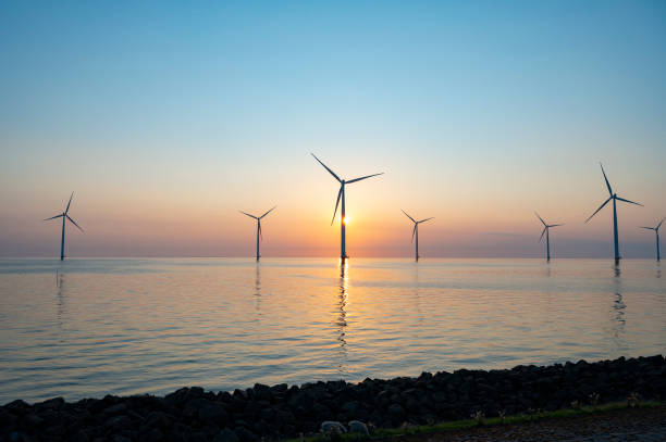 istock Wind turbines in an offshore wind park producing electricity during sunset. 1334416975
