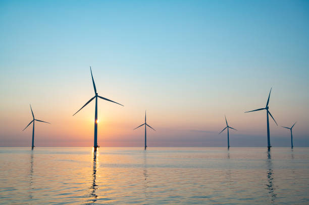 istock Wind turbines in an offshore wind park producing electricity during sunset. 1334416996
