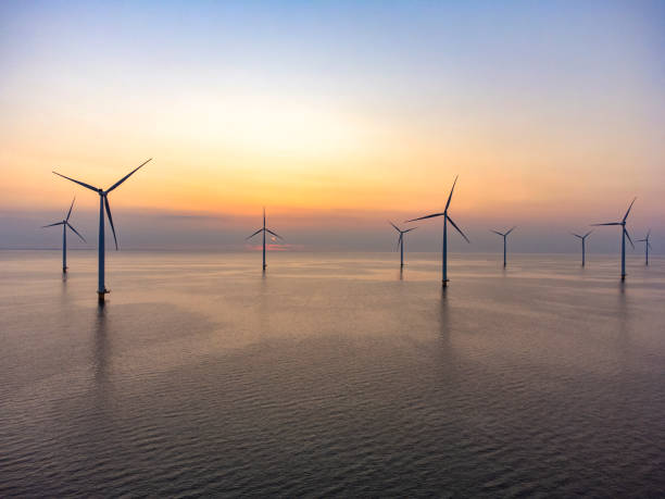 istock Wind turbines in an offshore wind park producing electricity during sunset. 1334417006