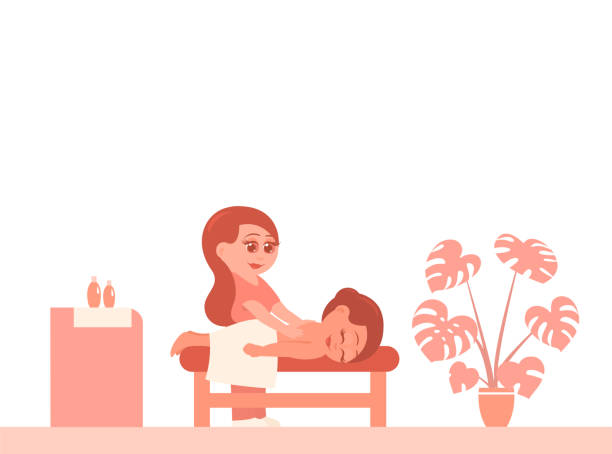 illustrazioni stock, clip art, cartoni animati e icone di tendenza di donna in una procedura di massaggio in un salone di bellezza - beauty spa massaging spa treatment health spa