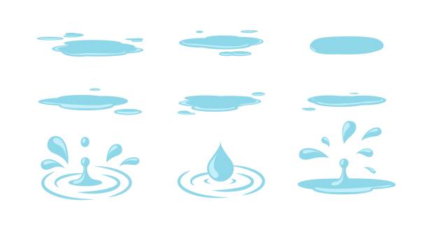 illustrazioni stock, clip art, cartoni animati e icone di tendenza di pozzanghera e gocce. gocce d'acqua, pozzanghere isolate elementi dei cartoni animati. set meteo primavera autunno, lacrime o set vettoriale pioggia - pozzanghera