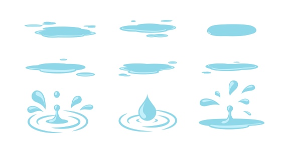 Puddle and drops. Water drops, isolated puddles cartoon elements. Autumn spring weather set, tears or rain vector set. Illustration puddle after rain, water drop