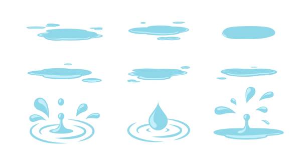 Puddle and drops. Water drops, isolated puddles cartoon elements. Autumn spring weather set, tears or rain vector set vector art illustration