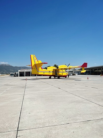 Split, Croatia - 14th August 2021: Croatia Air Force Canadair CL-415 water bomber plane is seen at Split International Airport, also known as Resnik Airport.