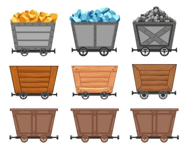 Vector illustration of Collection of metal and wooden mine carts loaded with gold, crystals and stones or coal. Cartoon mine trolleys. Vector design illustration isolated on white background