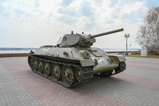 Volgograd, Russia - May 30, 2021: T-34 tank on bank of the Volga river in Volgograd.