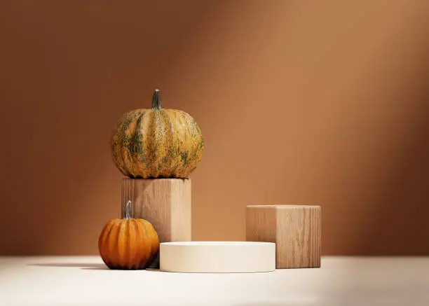 Photo of 3D Halloween background podium display on beige, wood and pumpkin. Brown cosmetic, beauty product promotion autumn pedestal with shadow.  Natural showcase. Abstract minimal studio 3D render