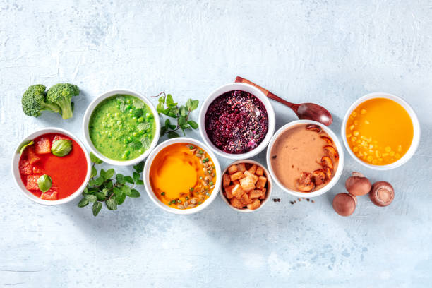 istock Vegan soup set with various cream soups, fresh spring detox diet 1334426811