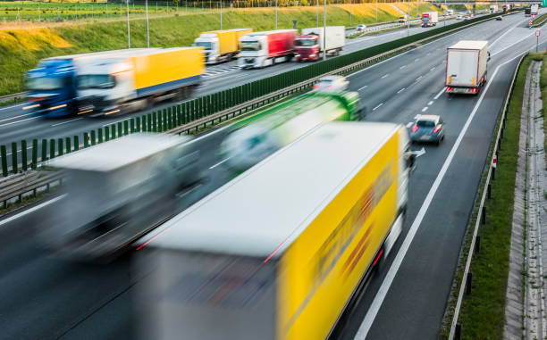 istock Trucks on six lane controlled-access highway in Poland 1334426886