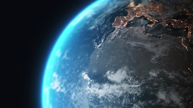 Close up animation of earth seen from space, the globe spinning on dark background. Global space exploration space travel concept digitally generated