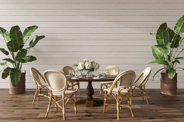 istock Coastal design dining room with table. Mock up white wall in cozy home interior background. Hampton style 3d render illustration. 1334427017