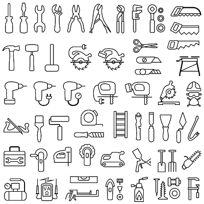 Tools Outline Icons for Home Improvement, Decorating and Construction.