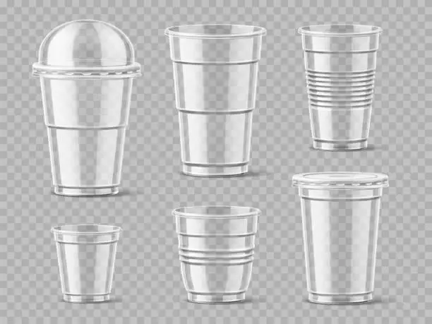 Vector illustration of Realistic plastic cups. Transparent isolated street drinks and smoothies containers different types, cold beverage mugs mockups. Vector set