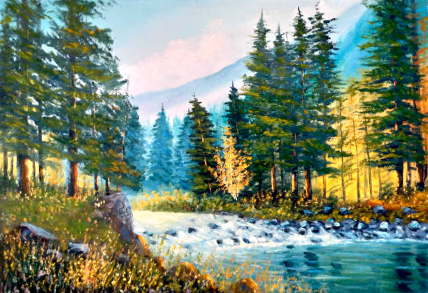 istock Original oil painting The river in the forest 1334430156