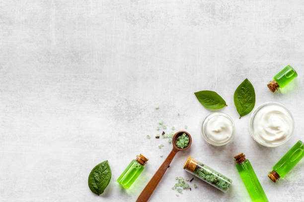 istock Green tea aroma oil and cosmetic with tea tree leaf 1334431863