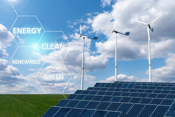 istock Solar panels and wind turbines with infographics 1334432034