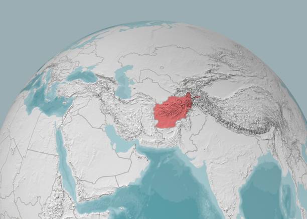 mappa dell'afghanistan su una planisfera, rilievi montani e batimetria marina - three dimensional shape continents bright blue foto e immagini stock