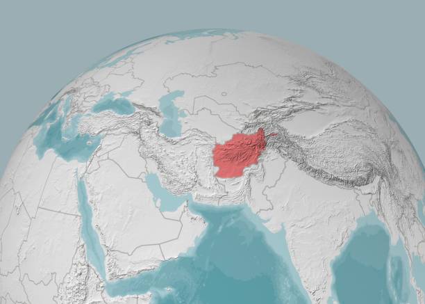 平面、山岳レリーフ、海水浴場でのアフガニスタンの地図 - three dimensional shape continents bright blue ストックフォトと画像