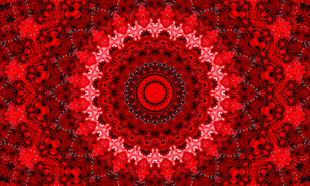 illustrazioni stock, clip art, cartoni animati e icone di tendenza di caleidoscopio frattale rosso sangue vivido, opera d'arte digitale per il design grafico creativo - kaleidoscope fractal watercolour paints watercolor painting