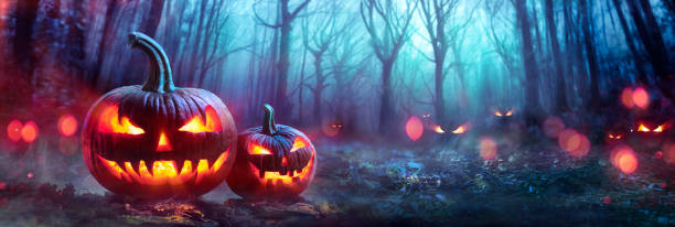 istock Halloween Pumpkins In A Spooky Forest At Night 1334433115