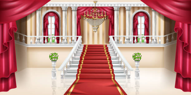 ilustraciones, imágenes clip art, dibujos animados e iconos de stock de fondo vectorial interior del palacio, sala de castillo de lujo, salón de baile real, ventana de arco, cortina roja. - palace