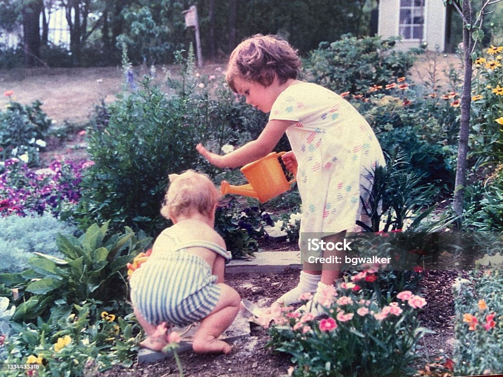 Big Sister Warning Little Brother 1988 in Garden Cute brother and sister in garden 1988 Photography Stock Photo