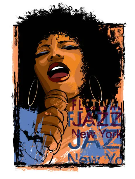 Vector illustration of Afro American Jazz singer on a grunge background