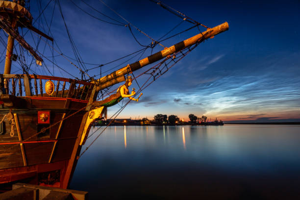 Night scenery in Gdynia with noctilucent clouds over the harbor. Poland