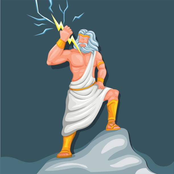 istock Zeus jupiter god of thunder with lightning bolt figure character. classical greek roman mythology illustration vector 1334434645