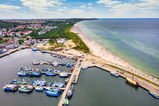 Aerial landscape of harbor in Wladyslawowo by the Baltic Sea at summer. Poland.