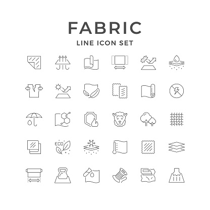 Set line icons of fabric isolated on white. Breathable, roll width, sun reflective, eco product, textile information, waterproof, layered, wear resistant. Vector illustration
