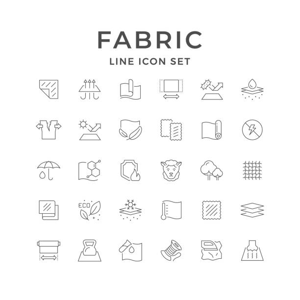 Set line icons of fabric Set line icons of fabric isolated on white. Breathable, roll width, sun reflective, eco product, textile information, waterproof, layered, wear resistant. Vector illustration bedding illustrations stock illustrations