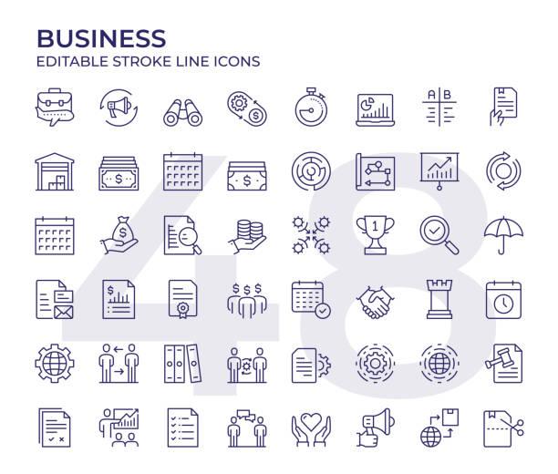 Business Line Icon Set Vector Style Business Editable Stroke Thin Line Icon Set entrepreneur drawings stock illustrations