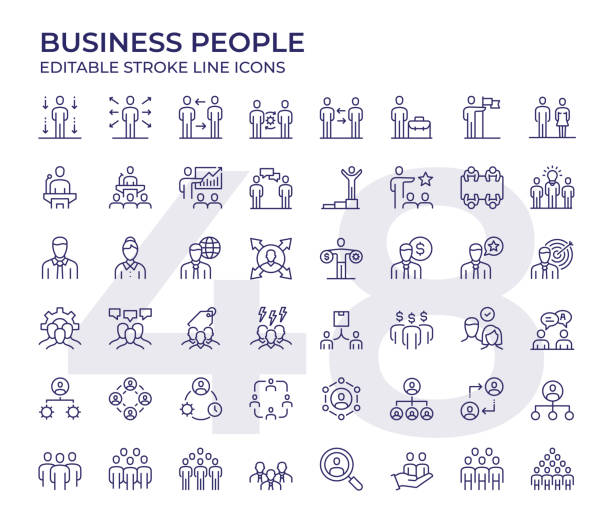 Business People Line Icons Vector Style Business People Editable Stroke Line Icon Set man presentation stock illustrations