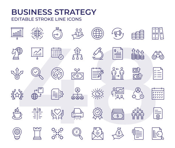 ilustraciones, imágenes clip art, dibujos animados e iconos de stock de iconos de línea de estrategia de negocio - recursos humanos ilustraciones