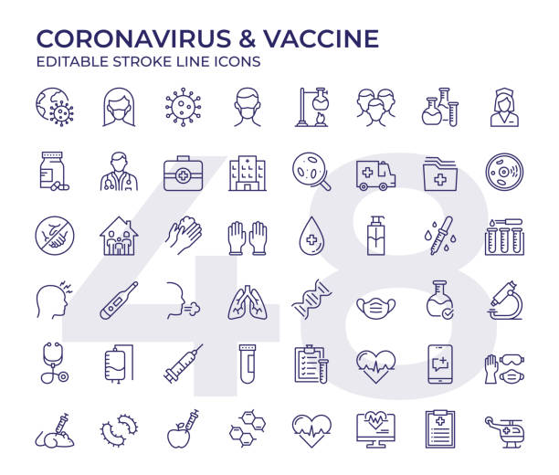 ikon garis virus corona dan vaksin - perawatan kesehatan dan pengobatan ilustrasi stok