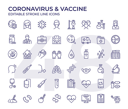 Vector Style Coronavirus And Vaccine Editable Stroke Line Icon Set