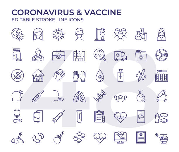 Coronavirus And Vaccine Line Icons Vector Style Coronavirus And Vaccine Editable Stroke Line Icon Set epidemic stock illustrations