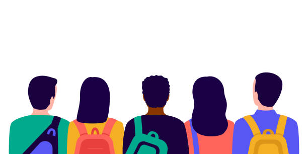 группа людей учеников с сумками в школе, вид сзади. встреча юношей и женщин перед образованием. векторная иллюстрация - молодой возраст иллюстрации stock illustrations