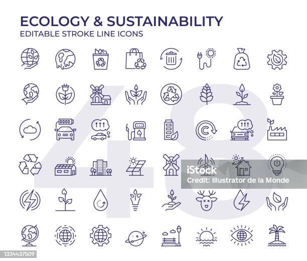 Ecology And Sustainability Line Icons - Arte vetorial de stock e mais imagens de Símbolo de ícone - Símbolo de ícone, Recurso Sustentável, Zero Desperdício