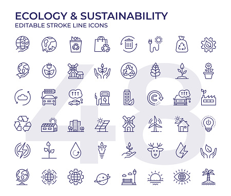 Vector Style Ecology And Sustainability Editable Stroke Line Icon Set