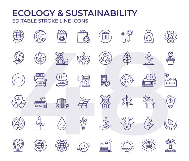 Ecology And Sustainability Line Icons Vector Style Ecology And Sustainability Editable Stroke Line Icon Set environmental damage stock illustrations