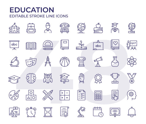 Education Line Icons Vector Style Education Editable Stroke Line Icon Set graduation stock illustrations