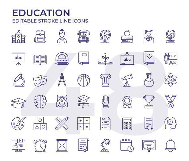 Education Line Icons Vector Style Education Editable Stroke Line Icon Set entertainment stock illustrations