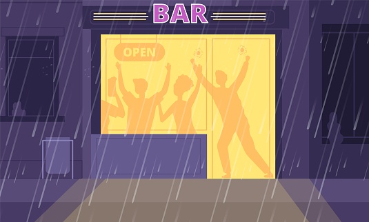 Night city street. Bar exterior, british pub open entrance. Autumn rainy evening, friends drink inside cafe together. Urban building utter vector scene. Illustration bar night city at rainy street