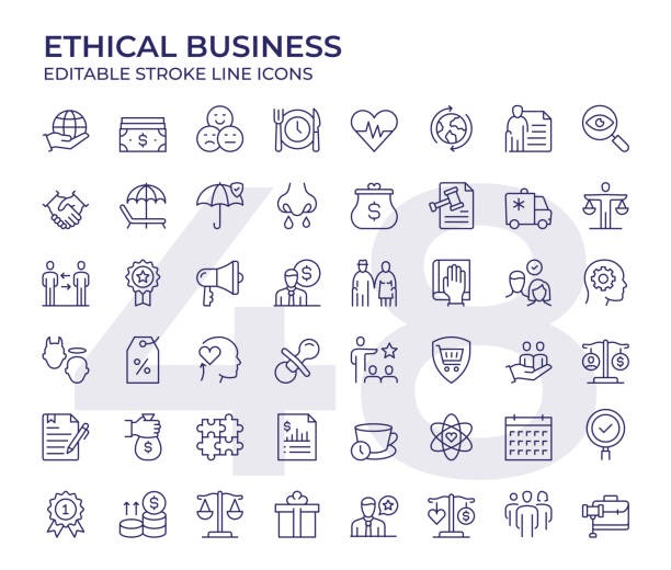 ilustraciones, imágenes clip art, dibujos animados e iconos de stock de iconos de líneas de negocio éticas - ilustración de línea fina